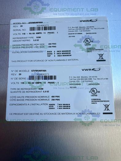 Used VWR  GTVWG49FSSA Stainless Steel Auto Defrost Freezer - 25°C 49 Cu, Ft.