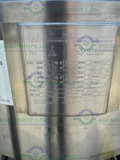 Used Pure Flo Precision 150 L Stainless Steel Jacketed Reactor 45 PSI w/ 0.5 HP Mixer