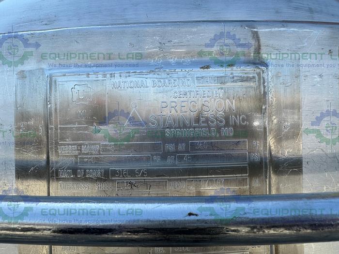 Used Precision Stainless 500 Liter Stainless Steel Jacketed Reactor w/ 0.5 HP Mixer