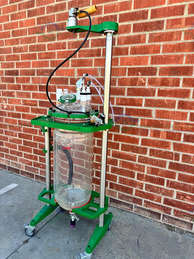 Used Chemglass 50 Liter Jacketed Glass Reactor w/ Chemglass Air Driven Stirrer Motor