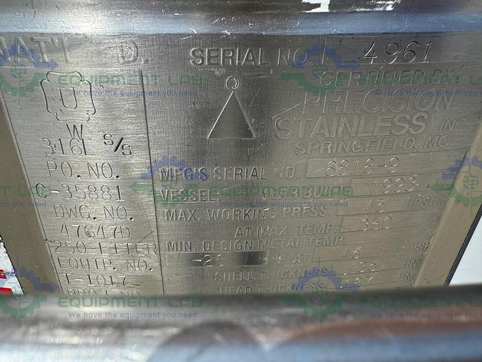 Used Precision 250 Liter Stainless Steel Jacketed Reactor 45 PSI w/ Lightnin Mixer.