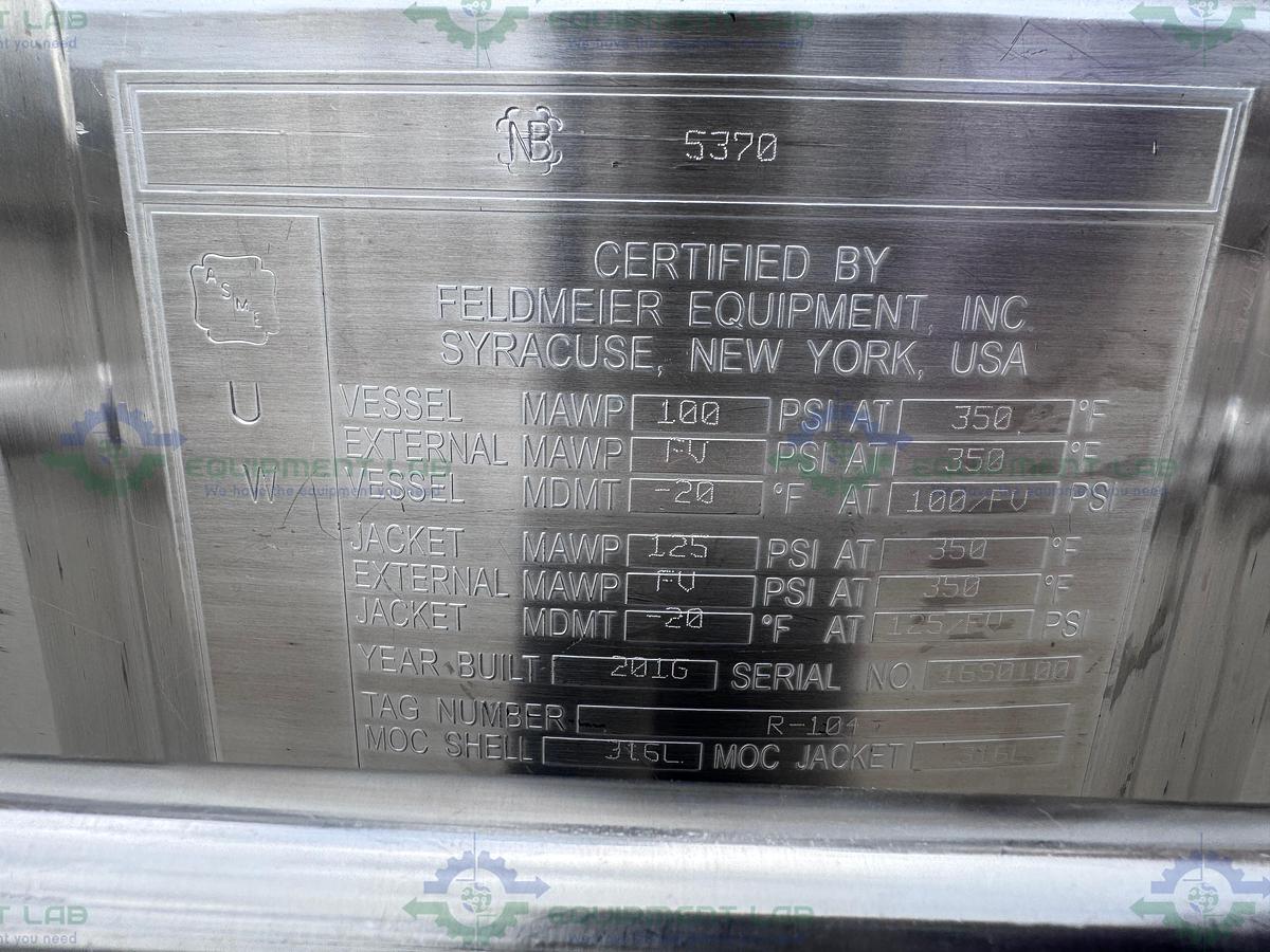 Used Feldmeier 400 Liter Stainless Steel Jacketed Reactor 100 PSI/FV w/ 3 HP Motor