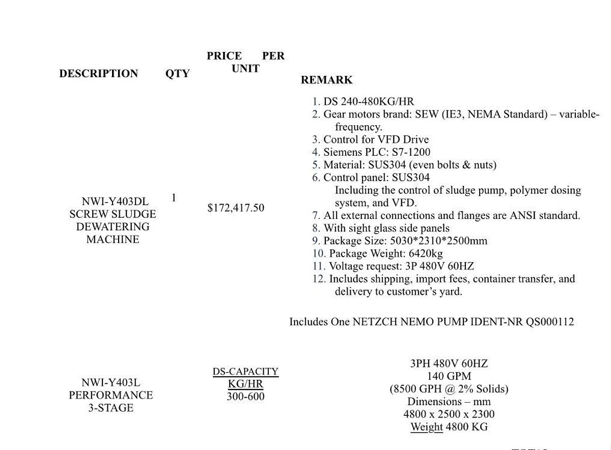 NWI JX302 Volute Press Sludge Dewatering System w/  Polymer  Dosing Unit MFG 26