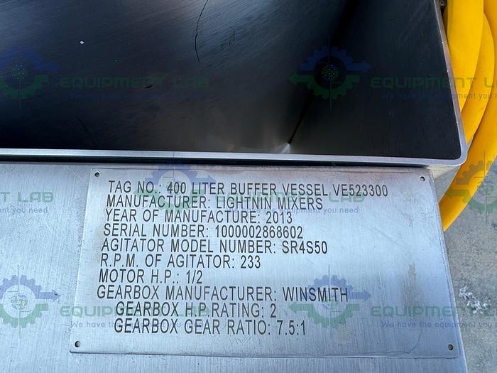 Used Allegheny 400 Liter Stainless Steel Jacketed Reactor 45 PSI w/ 5 HP Top Mixer