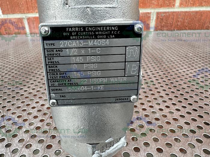 Used Farris 27CA13-M40S4 Stainless Steel Safety Relief Valve  1/2 x 1-C, 145 PSIG