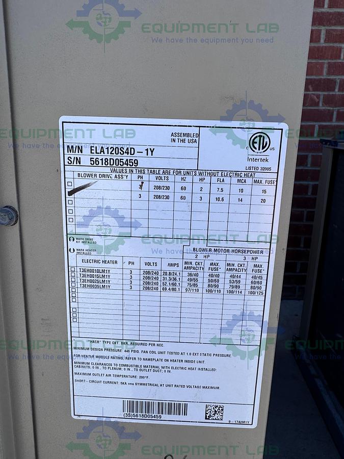 Used Allied 21B41 ELA120S4D-1Y 10 Ton Air Conditioner Indoor/Outdoor Units