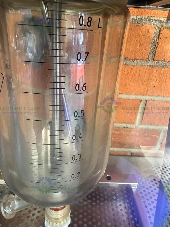 Used BuchiGlasUster Jacketed 0.8 Liter Glass Reactor, 6 Bar w/ Impeller