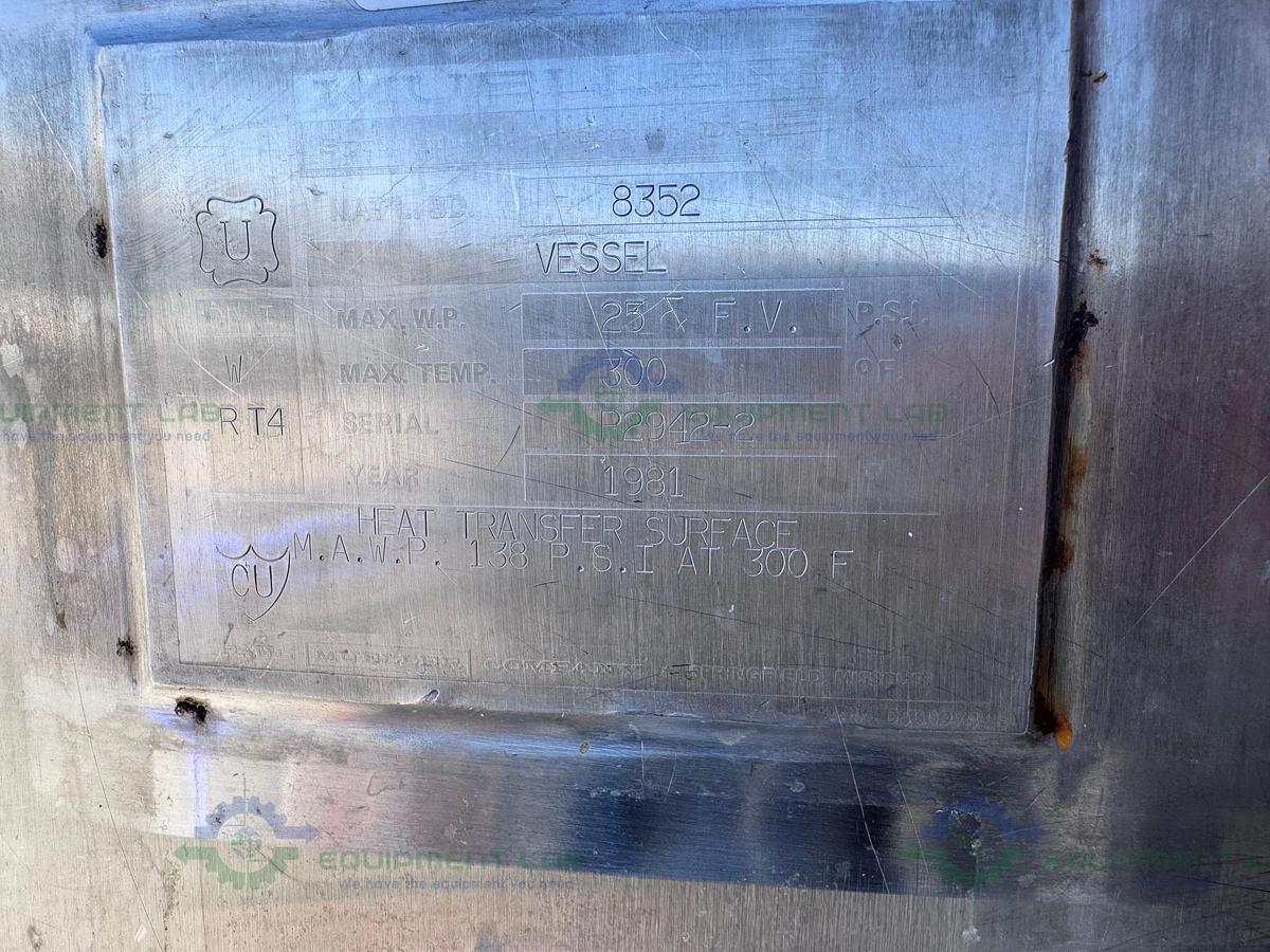 Used Paul Mueller 4500 Liter SS Jacketed Reactor w/ Agitator 25 PSI FV &138 PSI