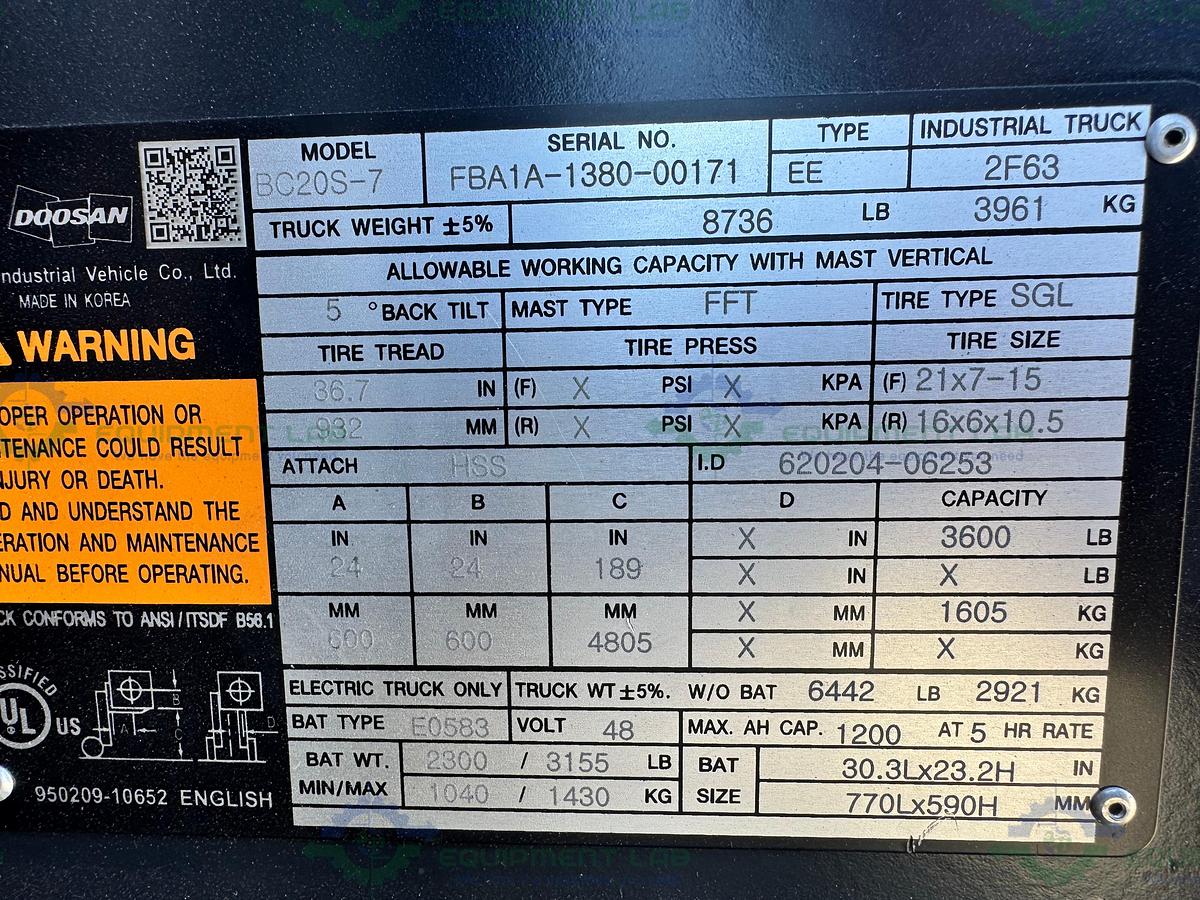 Used Doosan BC20S-7 Electric Forklift 3600 LBS Capacity, 20 Hrs, MFG 22 w/ Charger