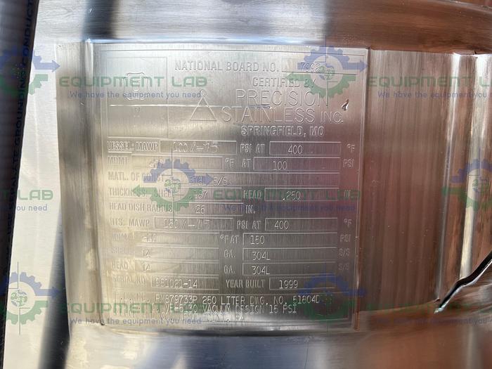 Used Precision 250 Liter Stainless Steel Jacketed Reactor 100 PSI w/ Top Mixer 1/2 HP