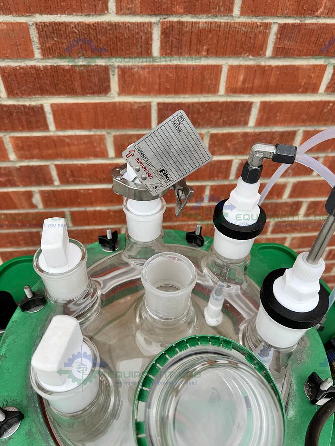 Used Chemglass 50 Liter Jacketed Glass Reactor w/ Chemglass Air Driven Stirrer Motor