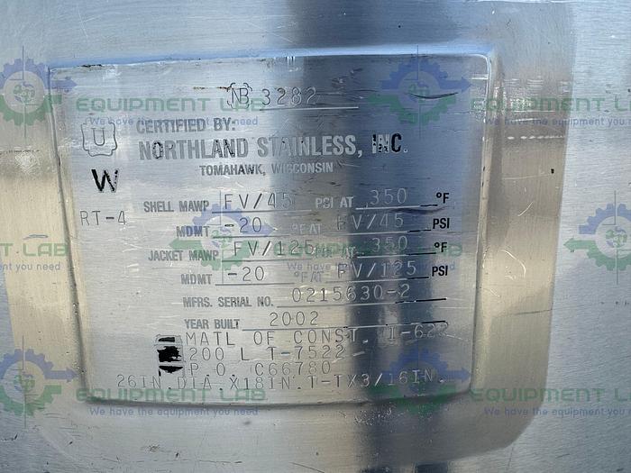 Used Northland 200 Liter Stainless Steel Jacketed Reactor FV/ 45 PSI w/ 0.40 HP Mixer
