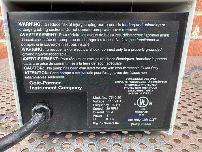 Used Cole Parmer 7540-30 Masterflex Pump Drive 115 VAC, 30 RPM, 0.005 HP