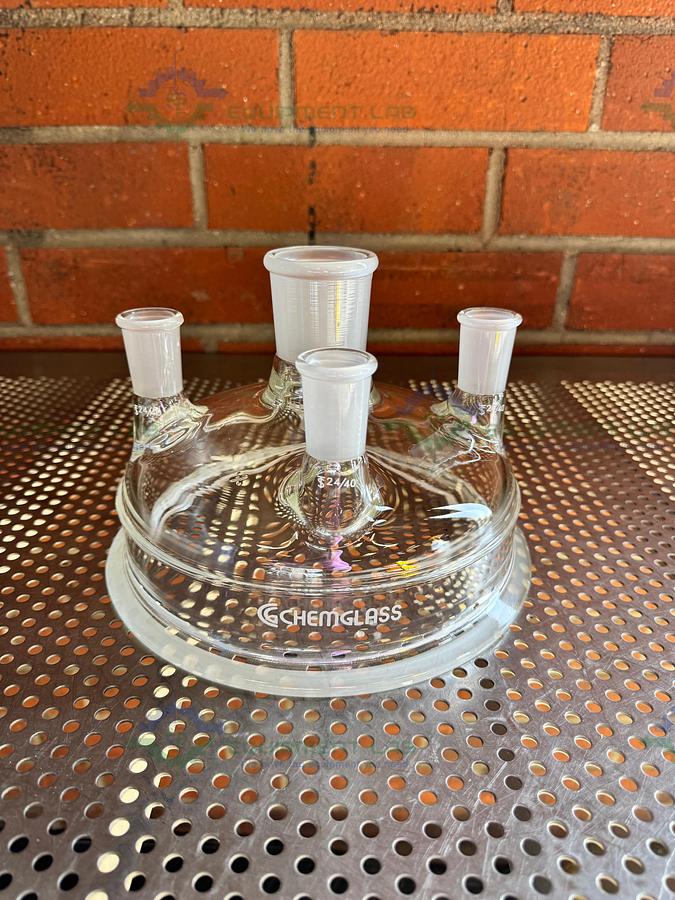 Used Chemglass 10L Reaction Vessel 5 Neck Lid 200MM, 45/50 Center Neck 4-24/40 Necks