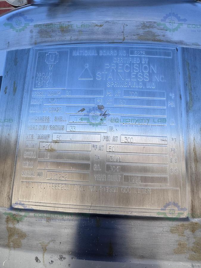 Used Precision Stainless 600 Liter Stainless Steel Jacketed Reactor 50 PSI