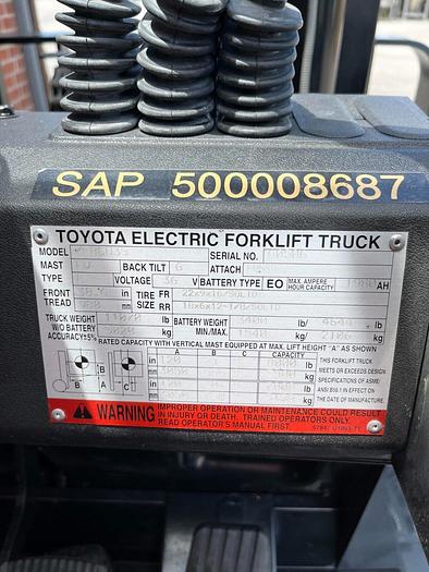 Used Toyota 7FBCU35 8000# Electric Forklift - Cushion Tires, 7700 Hours - 120" Mast