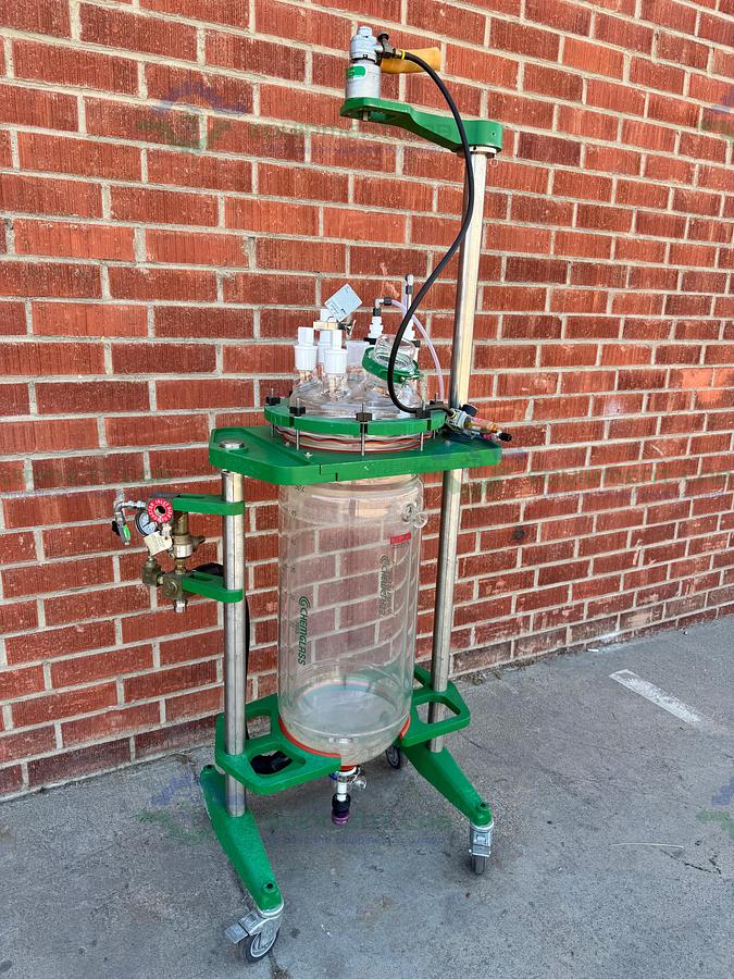 Used Chemglass 50 Liter Jacketed Glass Reactor w/ Chemglass Air Driven Stirrer Motor