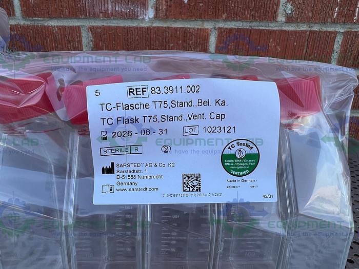 Used Box of 100 - Sarstedt  83.3911.002 Cell Culture Flasks T75 Standard Filter Cap
