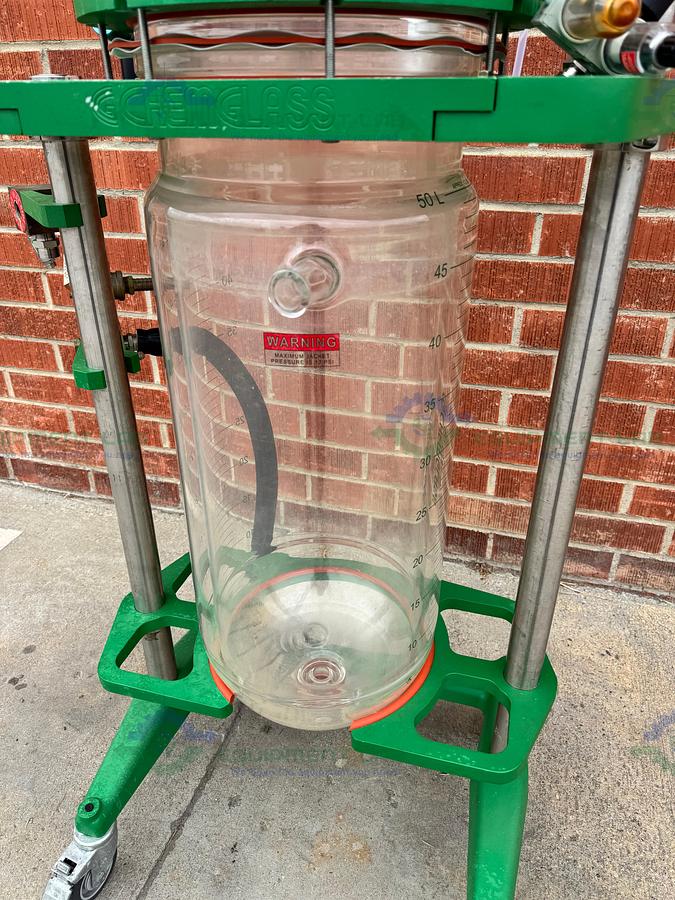 Used Chemglass 50 Liter Jacketed Glass Reactor w/ Chemglass Air Driven Stirrer Motor