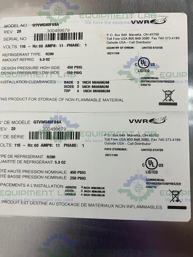 Used VWR  GTVWG49FSSA Stainless Steel Auto Defrost Freezer - 25°C 49 Cu, Ft.