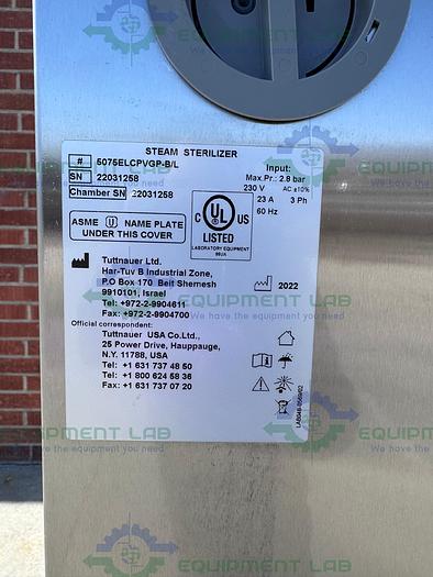 Used Tuttnauer 5075 EL CPVGP-B/L Side Load Steam Sterilizer w/ Cooling Coil MFG 2022