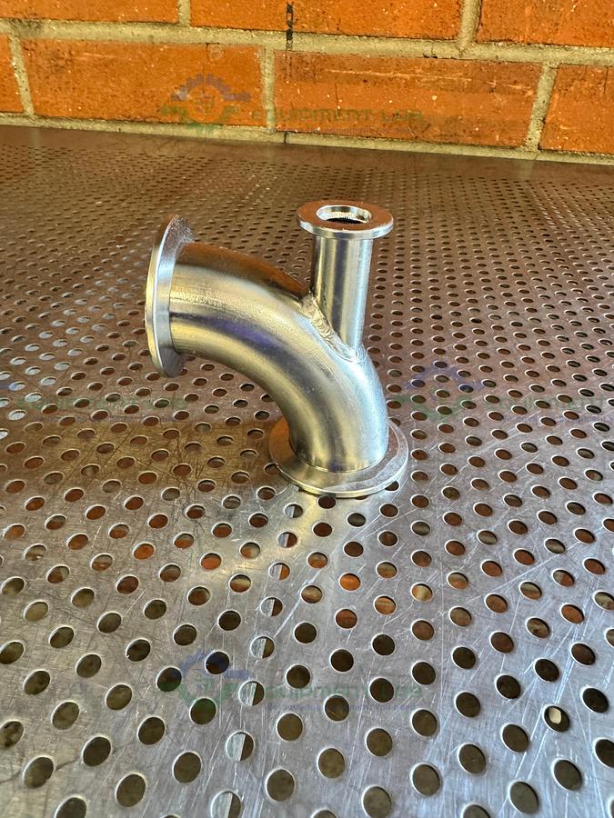 Used Stainless Steel 3 way 90 Degree KF 40 to KF 16/10 Elbow Nipple Vacuum Fitting