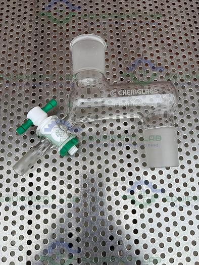Used Chemglass Distilling Adapter 45/50 Joint w/ 10mm PTFE Stopcock, 3/4" Swagelock