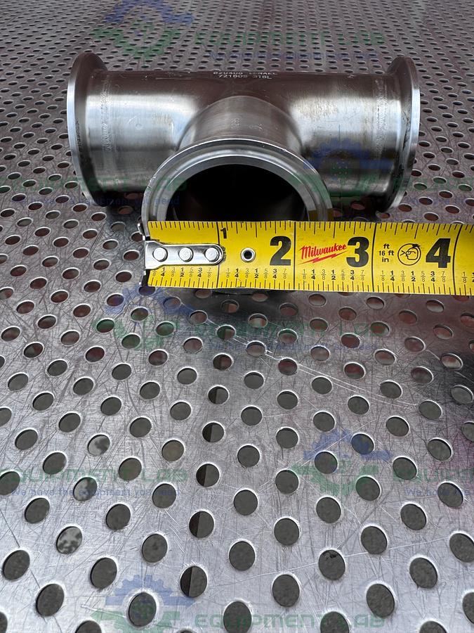 Used 3 Way 316L Stainless Steel Tee w/ 2" Sanitary Fittings & 2" Center