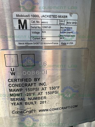  for parts or not working Millipore Stainless Steel Single Use 1000 Liter Reactor w/ Controller