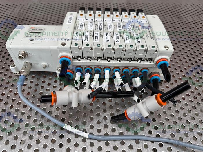 Used SMC EX-250-SDN1 Interface Serial Unit w/ 8 SMC VQ2A01N-5B- X65 Solenoid Valve