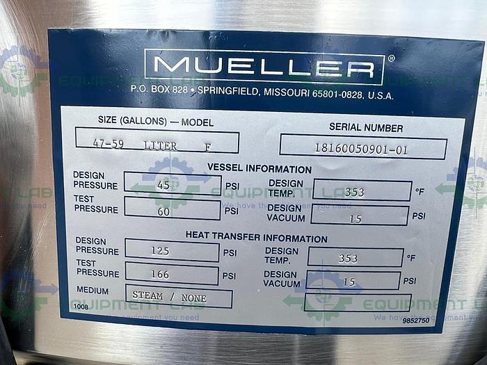 Used Paul Mueller  47-59 Liter Stainless Steel Jacketed Mixing Tank w/Scrape Agitation
