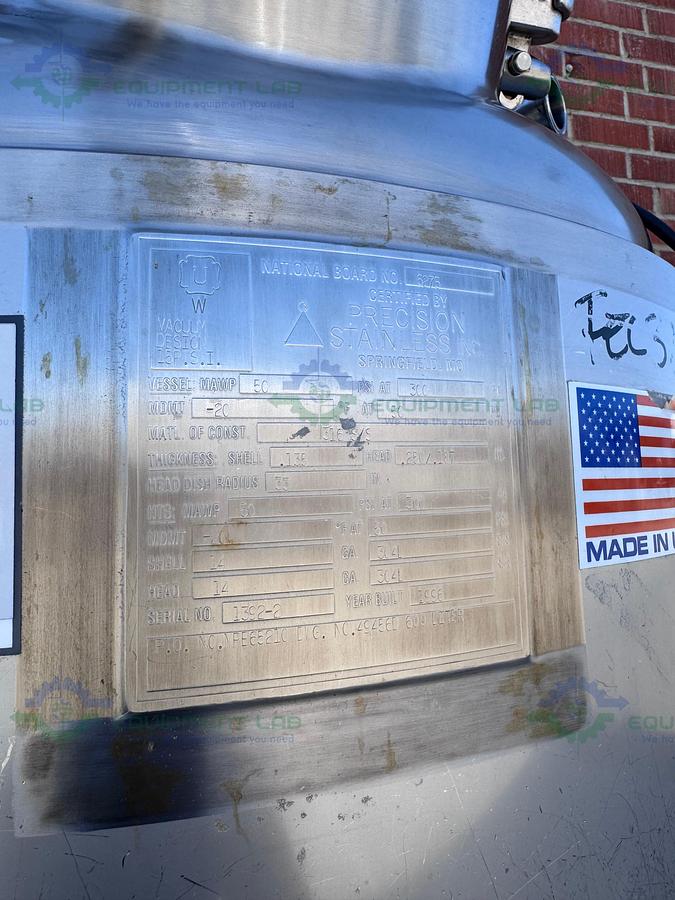 Used Precision Stainless 600 Liter Stainless Steel Jacketed Reactor 50 PSI