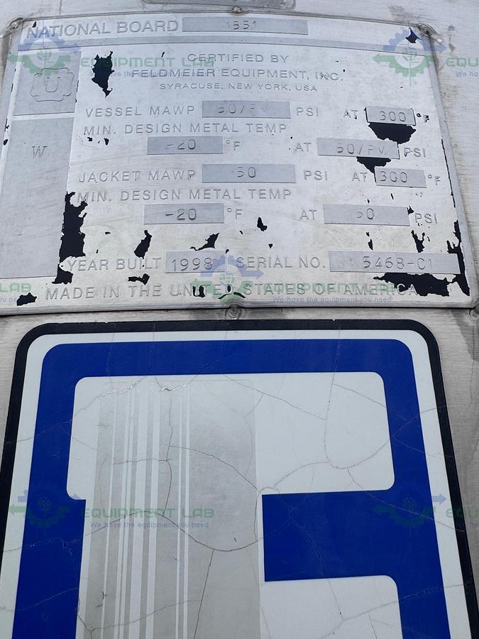 Used Feldmeier 1000 Liter SS Jacketed Reactor 50 FV PSI w/ VFD, 0.5 HP Bottom Mixer