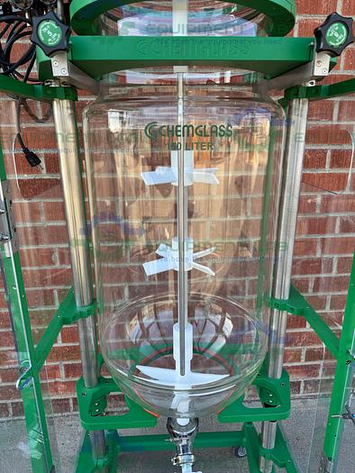 Used Chemglass 150 Liter Jacketed Glass Reactor w/ Chemglass Digital Overhead Stirrer