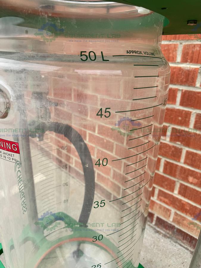 Used Chemglass 50 Liter Jacketed Glass Reactor w/ Chemglass Air Driven Stirrer Motor
