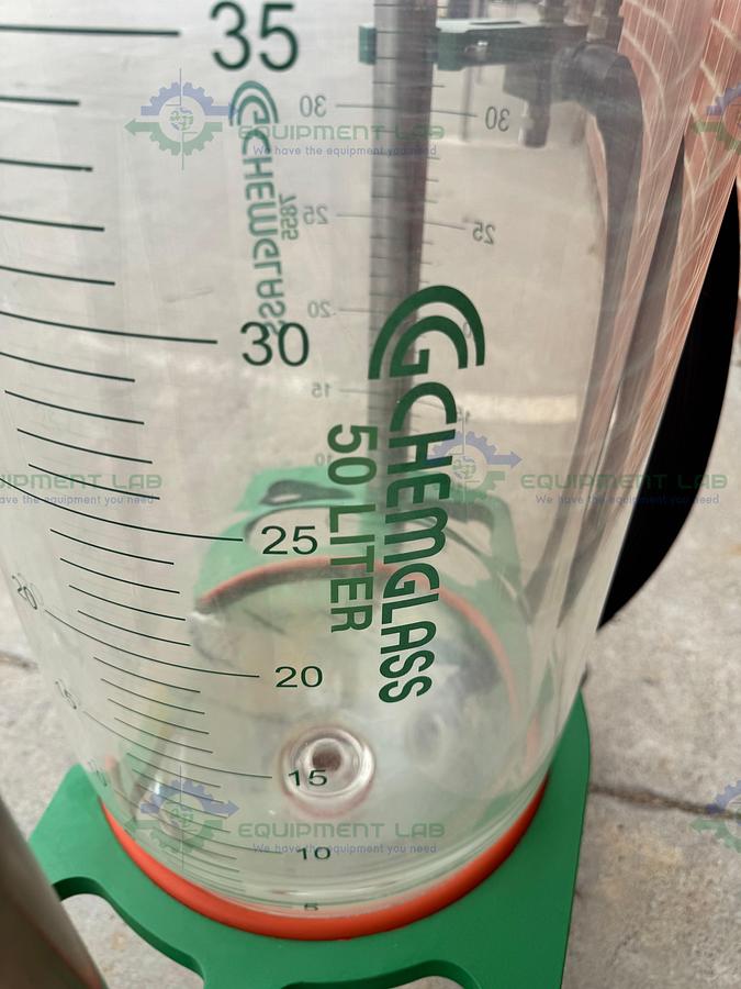 Used Chemglass 50 Liter Jacketed Glass Reactor w/ Chemglass Air Driven Stirrer Motor