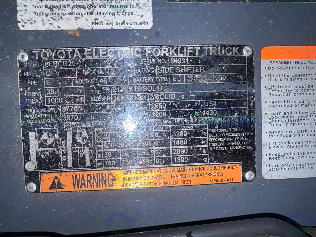 Used Toyota 8FBCU25 Electric Forklift  3000 lbs Capacity 8" Mast w/ Charger