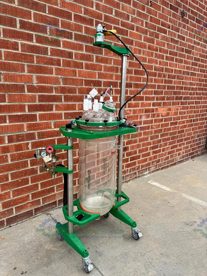 Used Chemglass 50 Liter Jacketed Glass Reactor w/ Chemglass Air Driven Stirrer Motor
