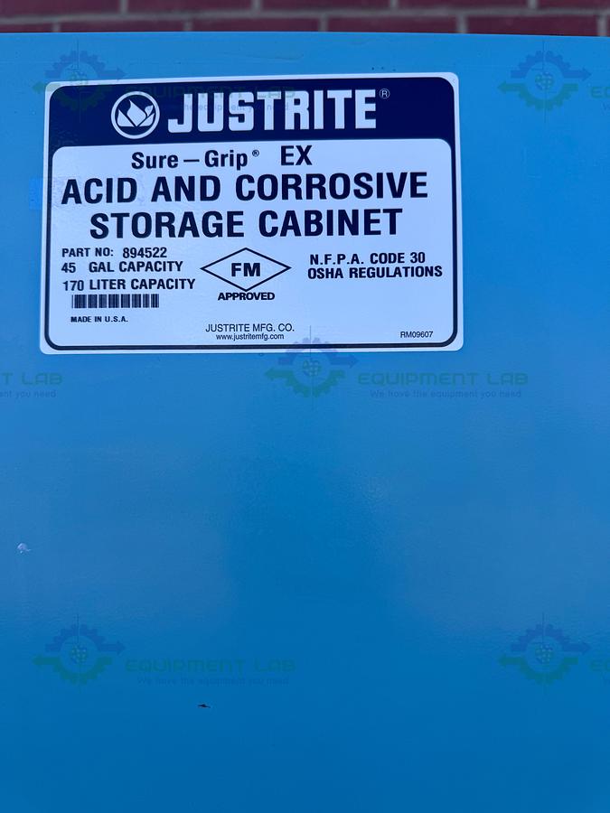 Used JustRite 45 Gallon Acid and Corrosive Storage Cabinet w/ Soft Close Doors, Key