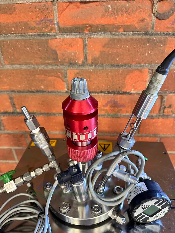 Used BuchiGlasUster Jacketed 0.8 Liter Glass Reactor, 6 Bar w/ Impeller