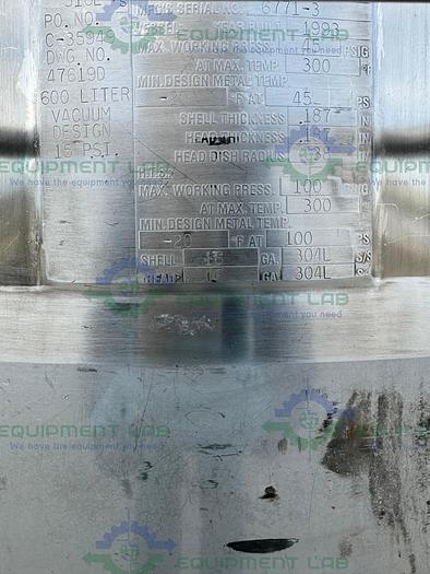 Used Precision Stainless 600 Liter Stainless Steel Jacketed Reactor 45 PSI