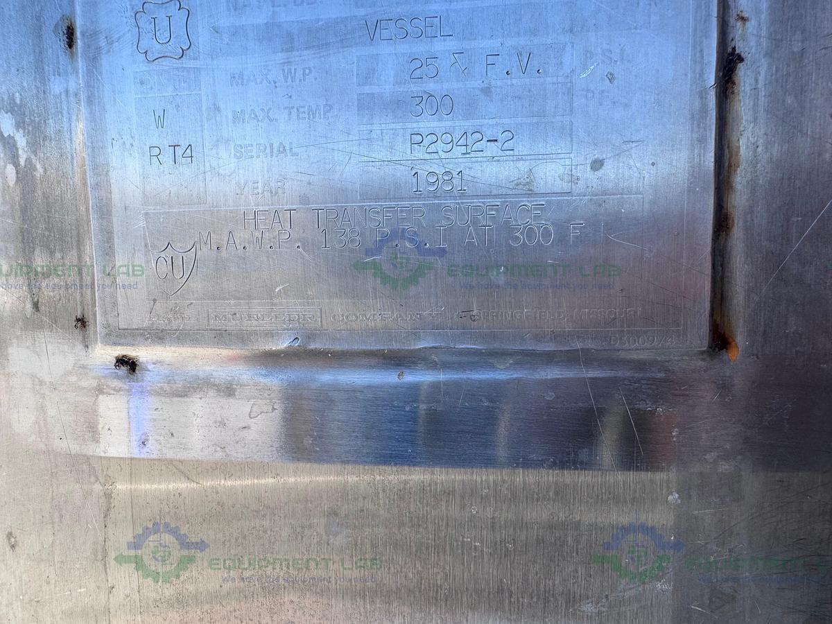 Used Paul Mueller 4500 Liter SS Jacketed Reactor w/ Agitator 25 PSI FV &138 PSI