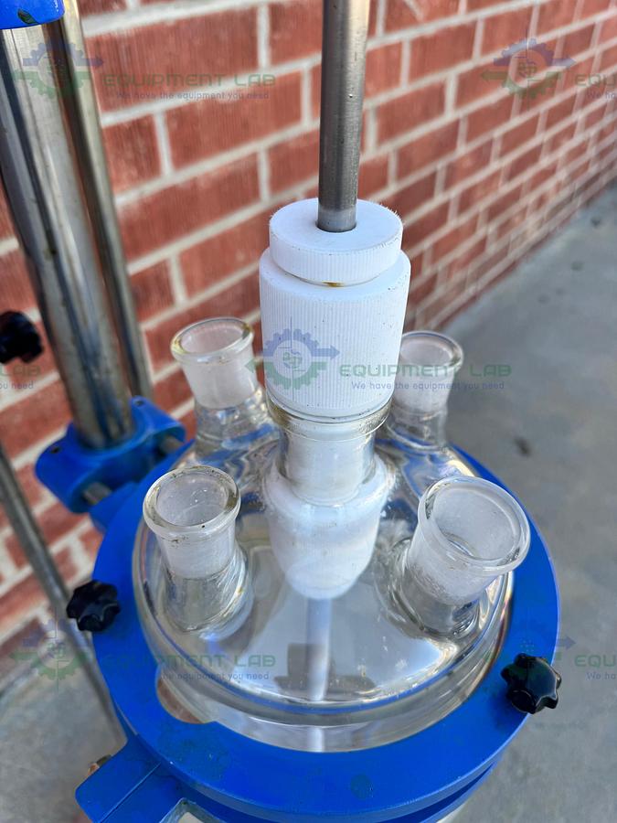 Used China 5 Liter Jacketed Glass Reactor w/ China Overhead Stirrer