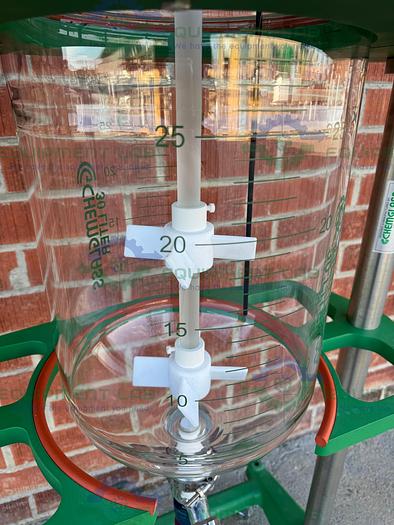 Used Chemglass 20 Liter Glass Reactor w/ Chemglass Overhead 1/4 HP Stirrer