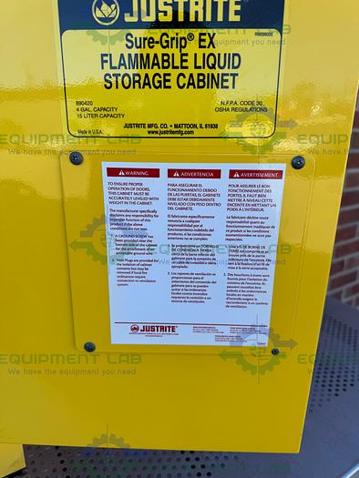 Used JustRite 4 Gallon Flammable Liquid Storage Cabinet w/ Soft Close Doors, Key