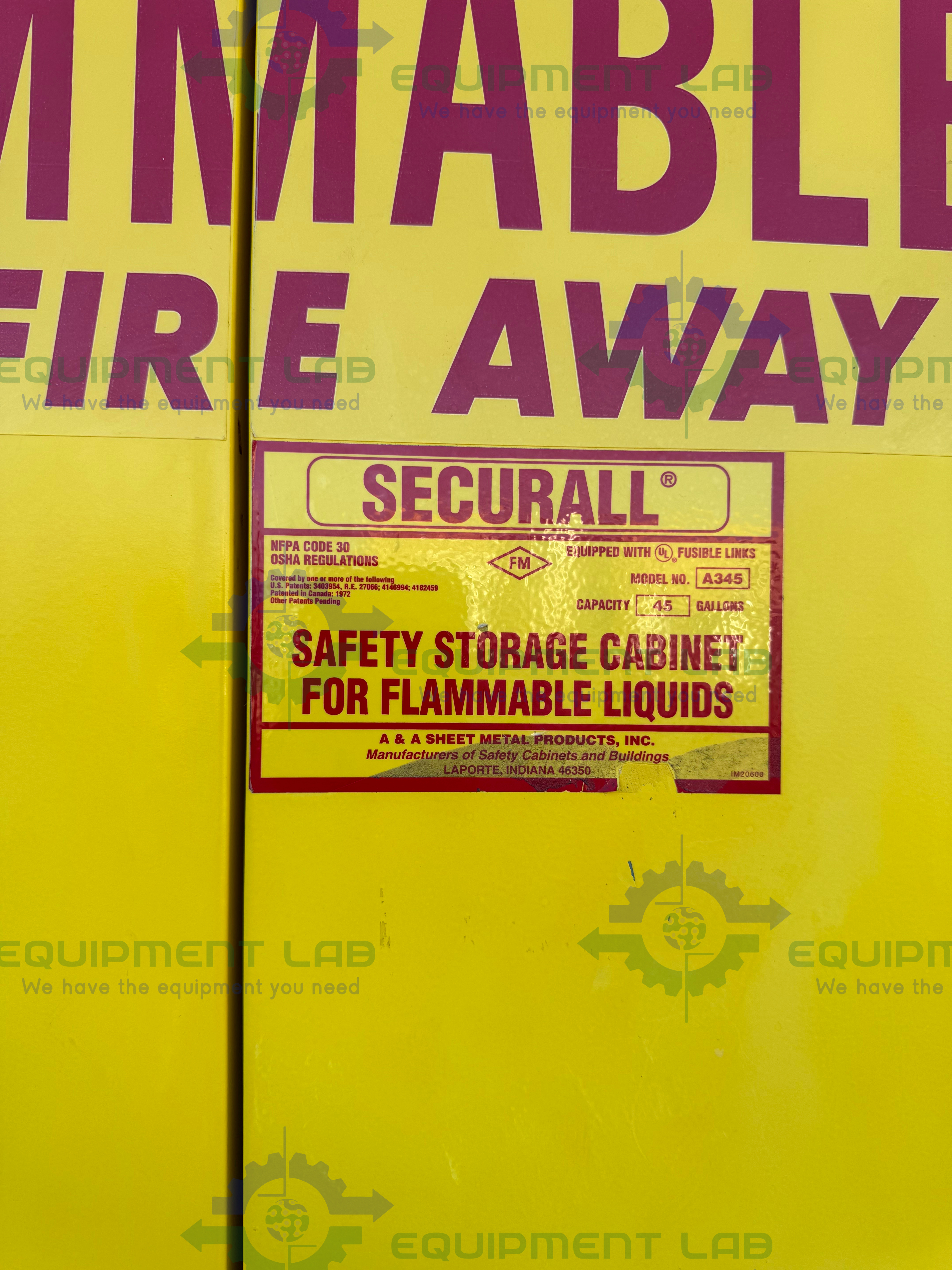 Used Securall A345 Flammable Liquid Storage Cabinet 45 Gallon w/ Soft Close Doors