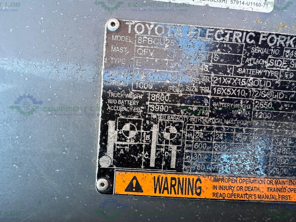 Used Toyota 8FBCU25 Electric Forklift 5000 lbs Capacity 4 Stage Mast w/ Charger