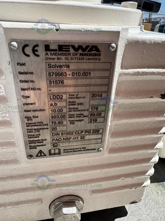 Used Lewa LDD2 Duplex Hydraulic Diaphragm Metering Pump w/ Baldor 5 HP Motor