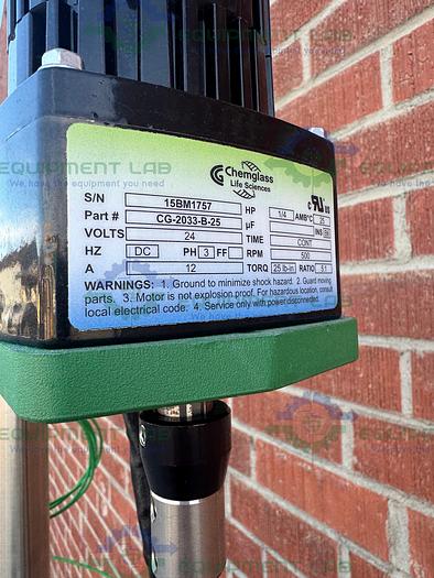 Used Chemglass 20 Liter Glass Reactor w/ Chemglass Overhead 1/4 HP Stirrer