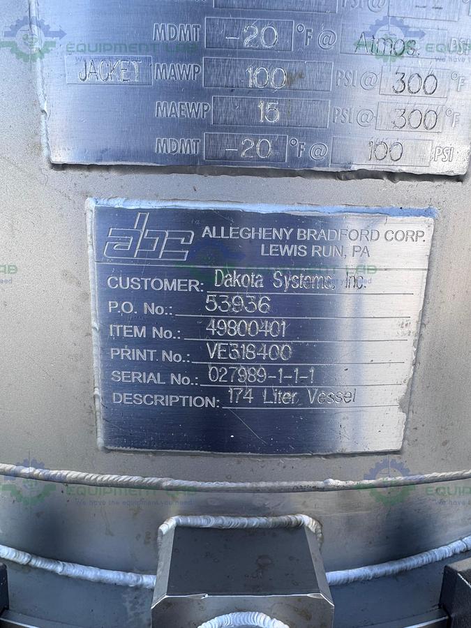 Used Allegheny Bradford 174 Liter Jacketed Nutsche Filter / Agitated Dryer